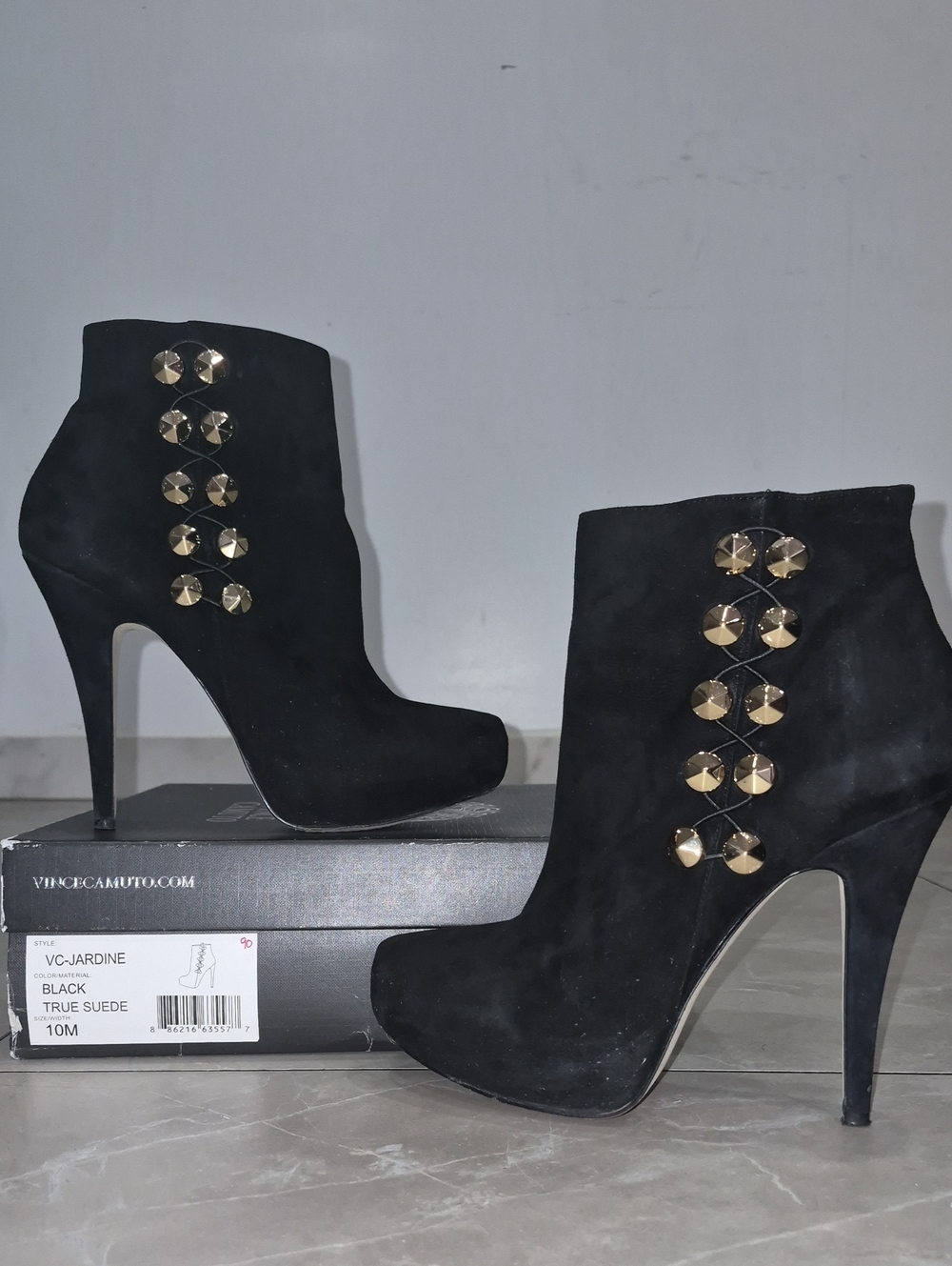 Vince Camuto Black Suede Ankle Booties with Gold Stud Accents